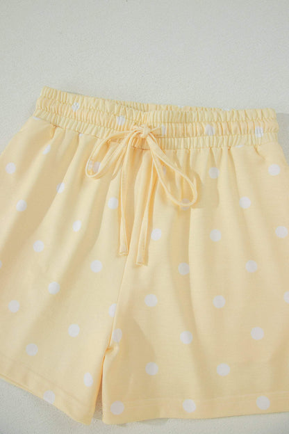 Yellow Exposed Seam Detail Polka Dot Loose Tee Drawstring Shorts Set