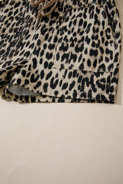 Brown Retro Leopard Print Lace-up Elastic Waistband Mid Rise Denim Shorts