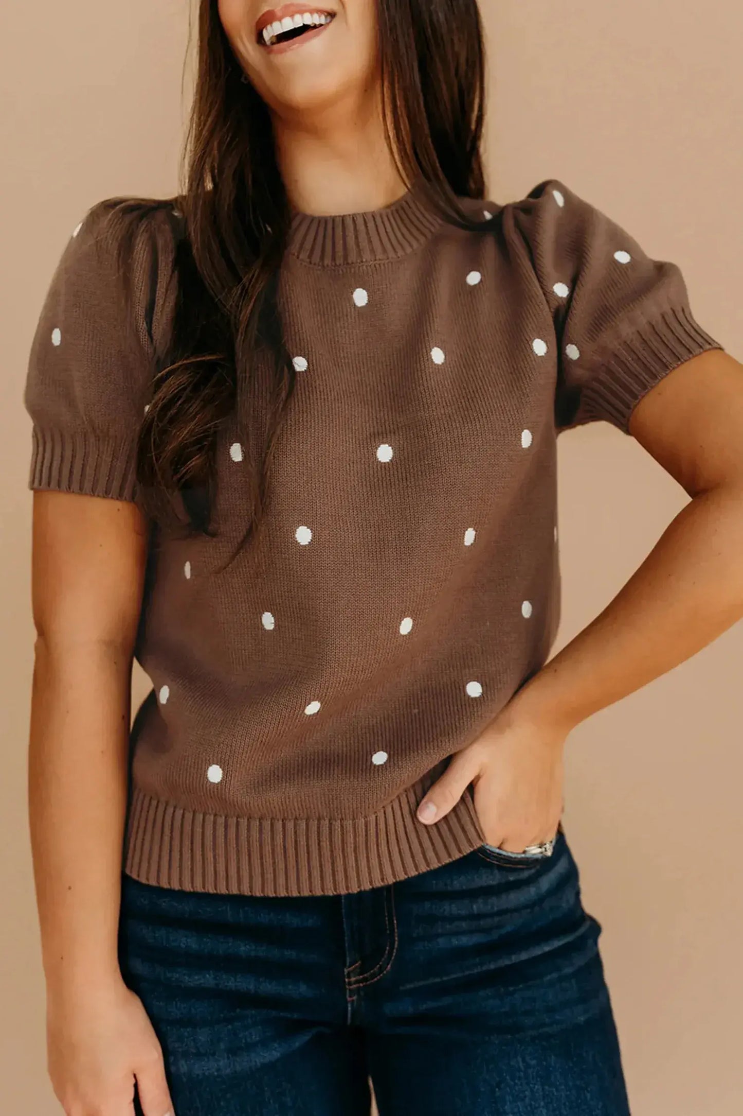 Yellow Cream Elegant Polka Dot Bubble Short Sleeve Sweater - Sweet Fashion Wholesale