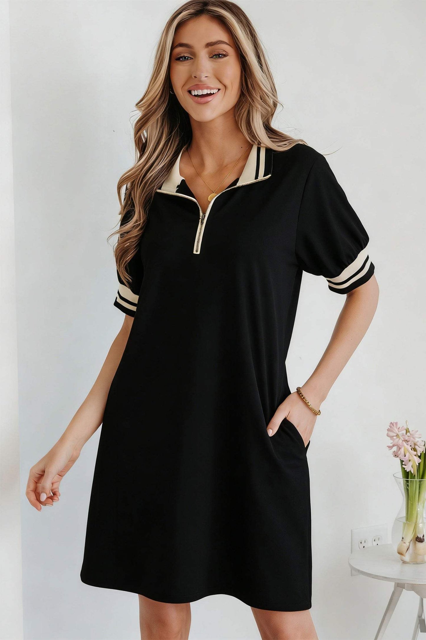 Black Striped Webbing Trim Preppy Polo Tee Dress