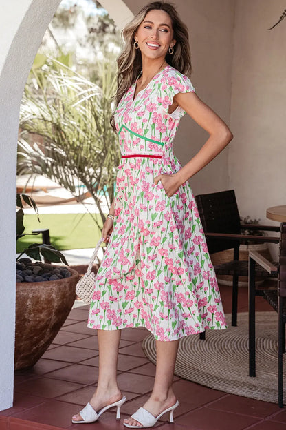 Pink Floral Print Contrast Trim V Neck Short Sleeve Elegant Midi Dress - Sweet Fashion Wholesale