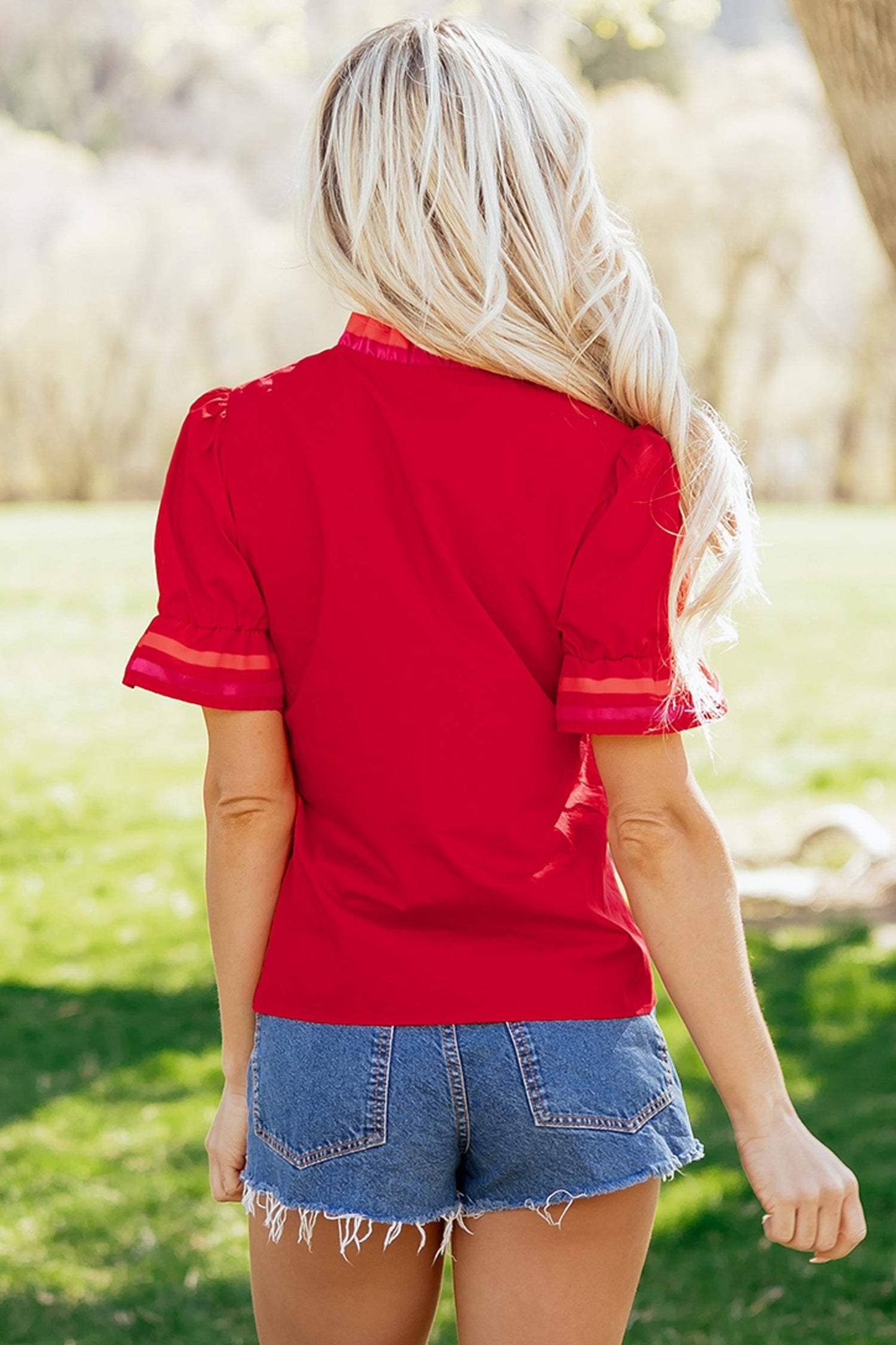 Fiery Red Striped Frilled Collar Ruffled Short Sleeve Blouse