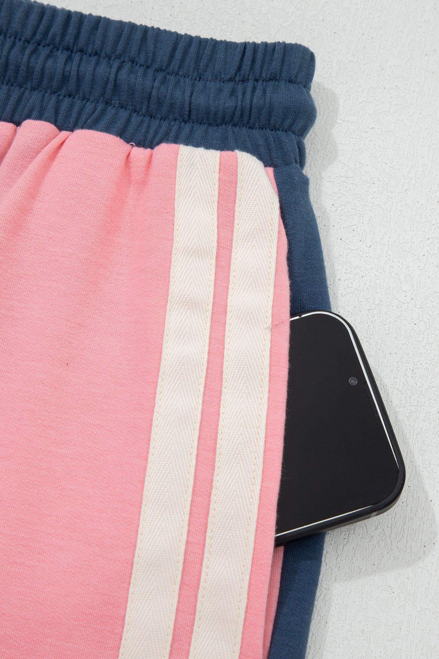Pink Color Block Patchwork Varsity Striped Detail Drawstring Elastic Waist Shorts - Sweet Fashion Wholesale