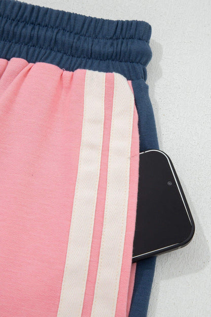 Pink Color Block Patchwork Varsity Striped Detail Drawstring Elastic Waist Shorts - Sweet Fashion Wholesale