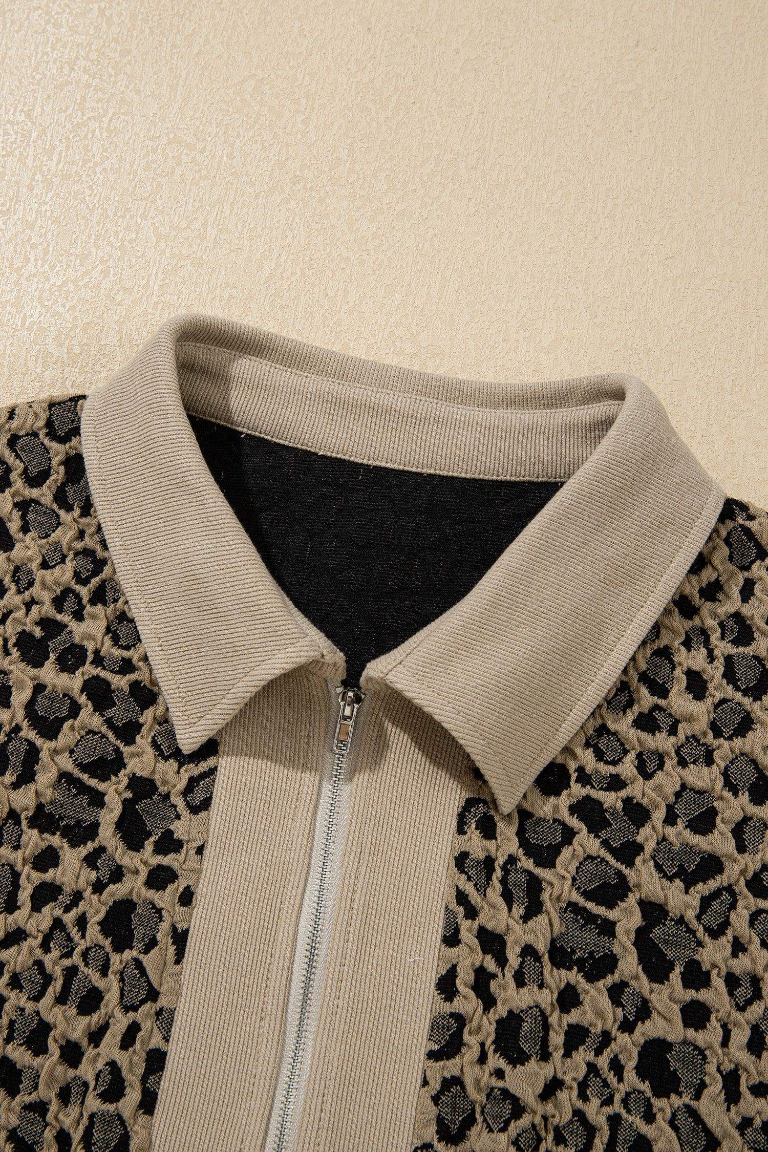 Beige Ribbed Patchwork Collar Cuffed Sleeve Leopard Plus Top - Sweet Fashion Wholesale