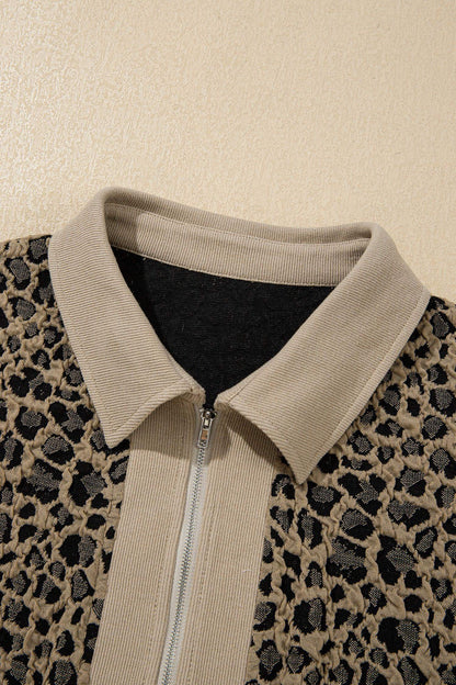 Beige Ribbed Patchwork Collar Cuffed Sleeve Leopard Plus Top - Sweet Fashion Wholesale