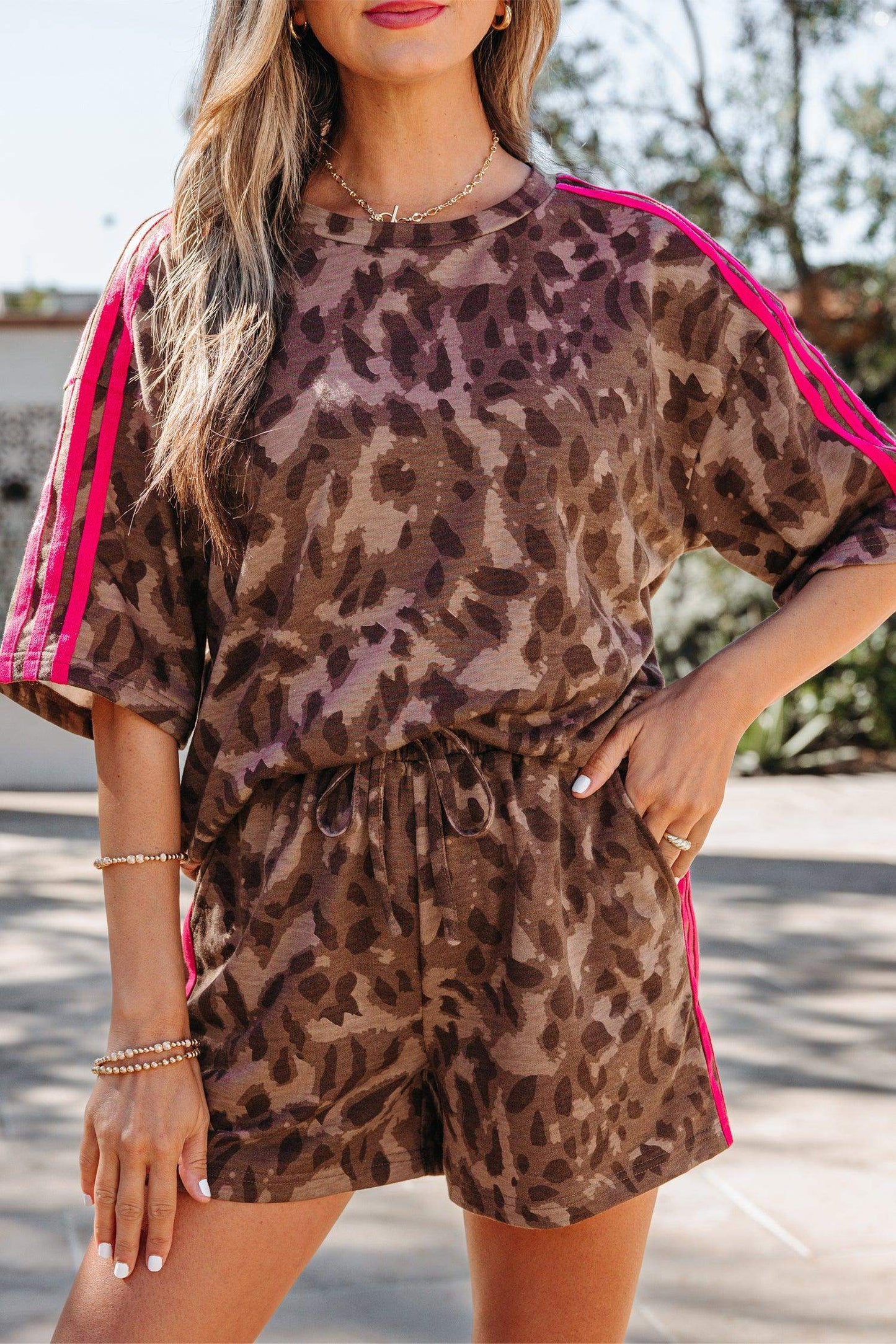 Brown Contrast Striped Accent Leopard Short Set - Sweet Fashion Wholesale