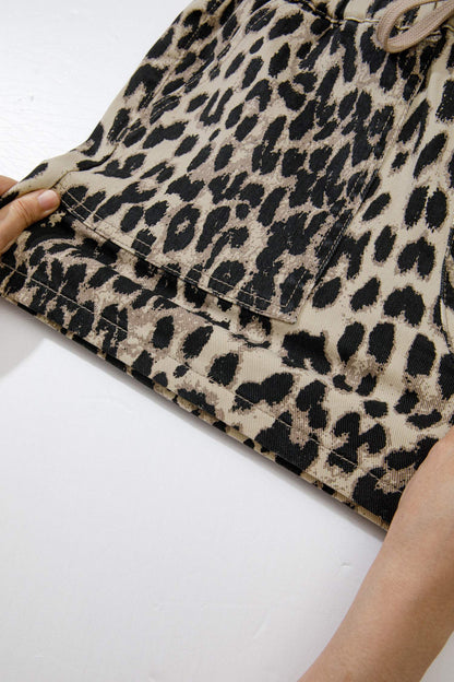 Brown Retro Leopard Print Lace-up Elastic Waistband Mid Rise Denim Shorts