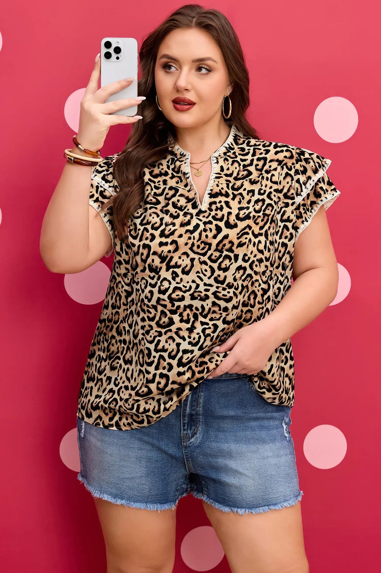 Khaki Plus Size Leopard Print Stitch Detail Ruffled Short Sleeve Blouse - Sweet Fashion Wholesale
