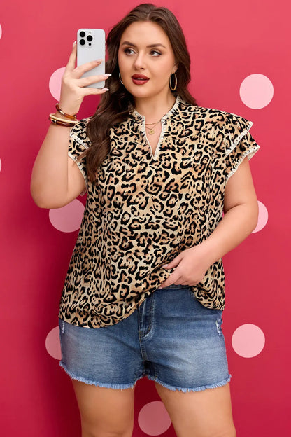 Khaki Plus Size Leopard Print Stitch Detail Ruffled Short Sleeve Blouse - Sweet Fashion Wholesale