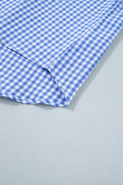 Sky Blue Summer Plaid V Neck Puff Sleeve Blouse