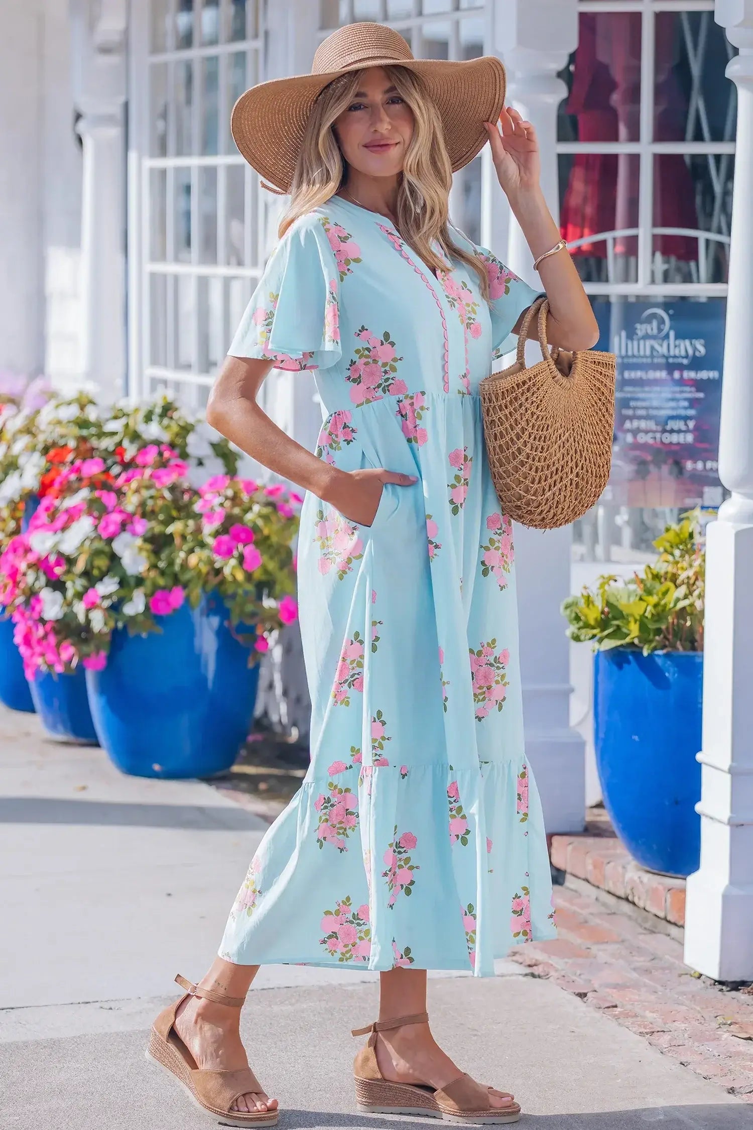 Sky Blue Notched Neck Flutter Short Sleeve Floral Print Maxi Dress - Sweet Fashion Wholesale