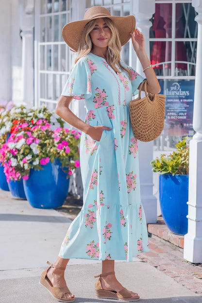 Sky Blue Notched Neck Flutter Short Sleeve Floral Print Maxi Dress - Sweet Fashion Wholesale