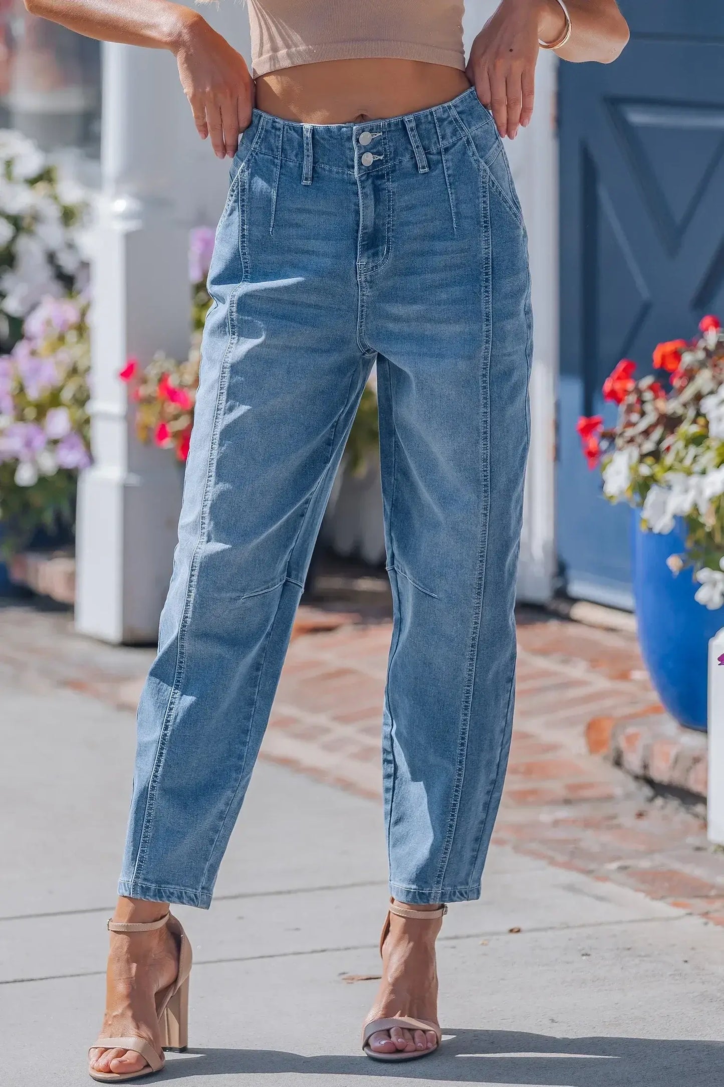 Sky Blue Medium Wash Cuffed Barrel Jeans - Sweet Fashion Wholesale