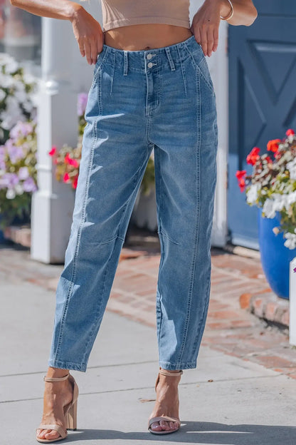Sky Blue Medium Wash Cuffed Barrel Jeans - Sweet Fashion Wholesale