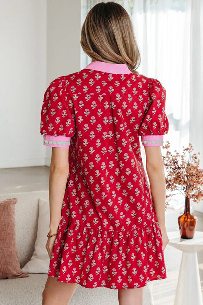 Red Floral Print Contrasted V Neck Short Bubble Sleeve Mini Dress - Sweet Fashion Wholesale