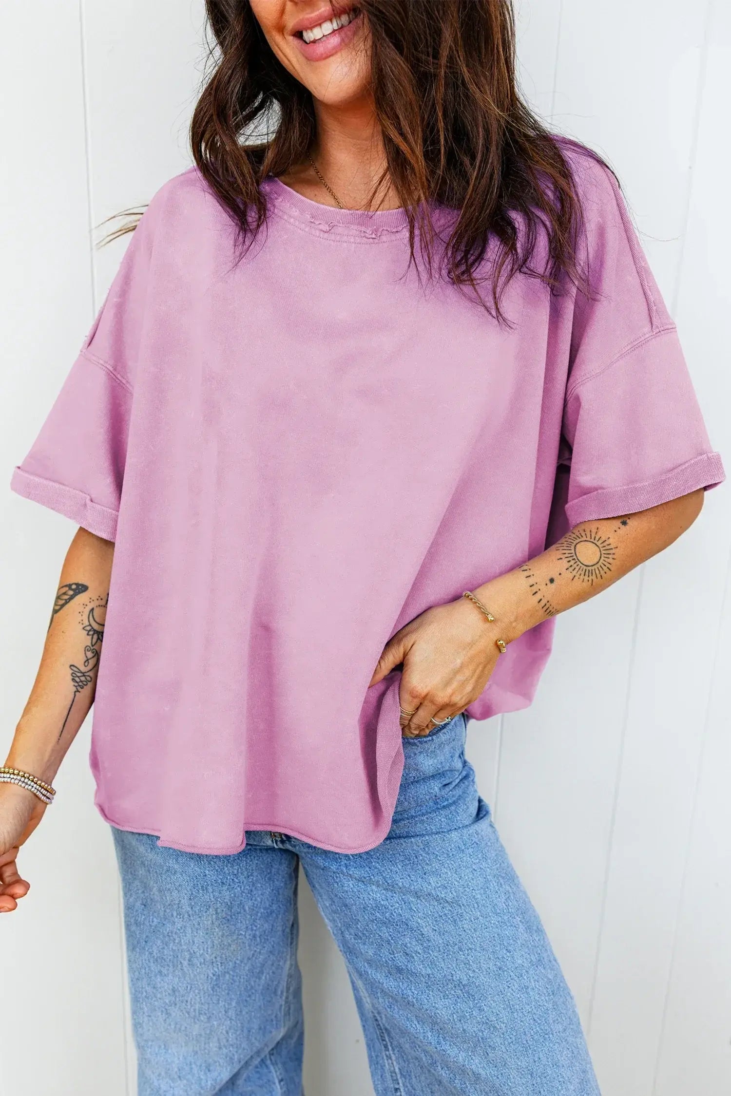 Lavendula Mineral Wash Drop Shoulder Raw Edge Loose Tee - Sweet Fashion Wholesale