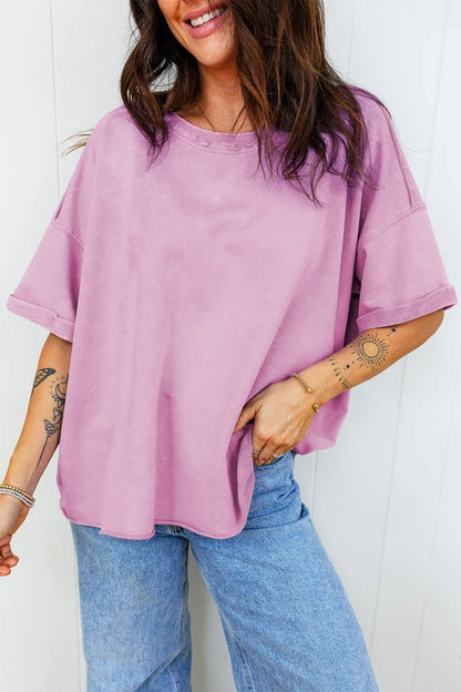 Lavendula Mineral Wash Drop Shoulder Raw Edge Loose Tee - Sweet Fashion Wholesale