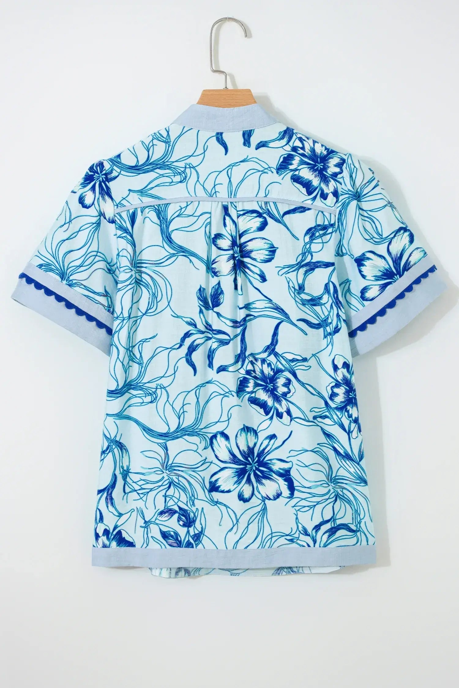 Sky Blue Ricrac Trim Slit V Neck Short Sleeve Floral Blouse - Sweet Fashion Wholesale