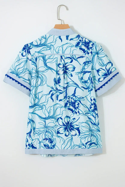 Sky Blue Ricrac Trim Slit V Neck Short Sleeve Floral Blouse - Sweet Fashion Wholesale