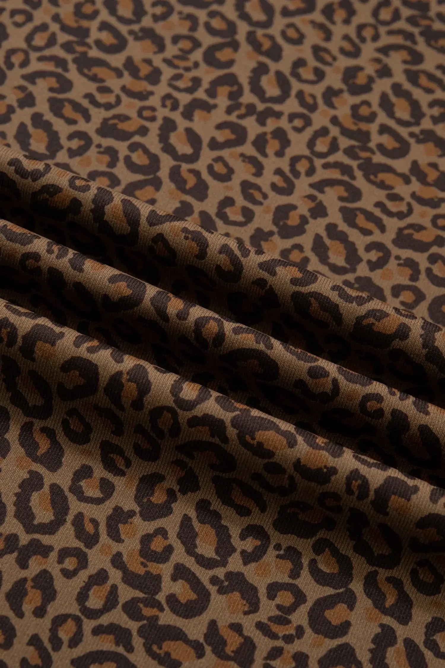 Khaki Plus Size Leopard Print Ribbed Trim Round Neck Tee - Sweet Fashion Wholesale