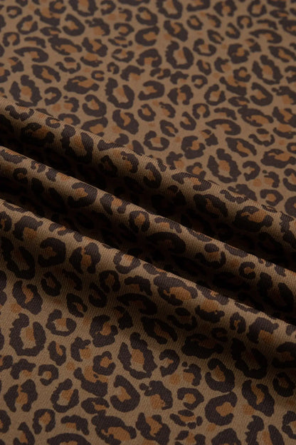 Khaki Plus Size Leopard Print Ribbed Trim Round Neck Tee - Sweet Fashion Wholesale