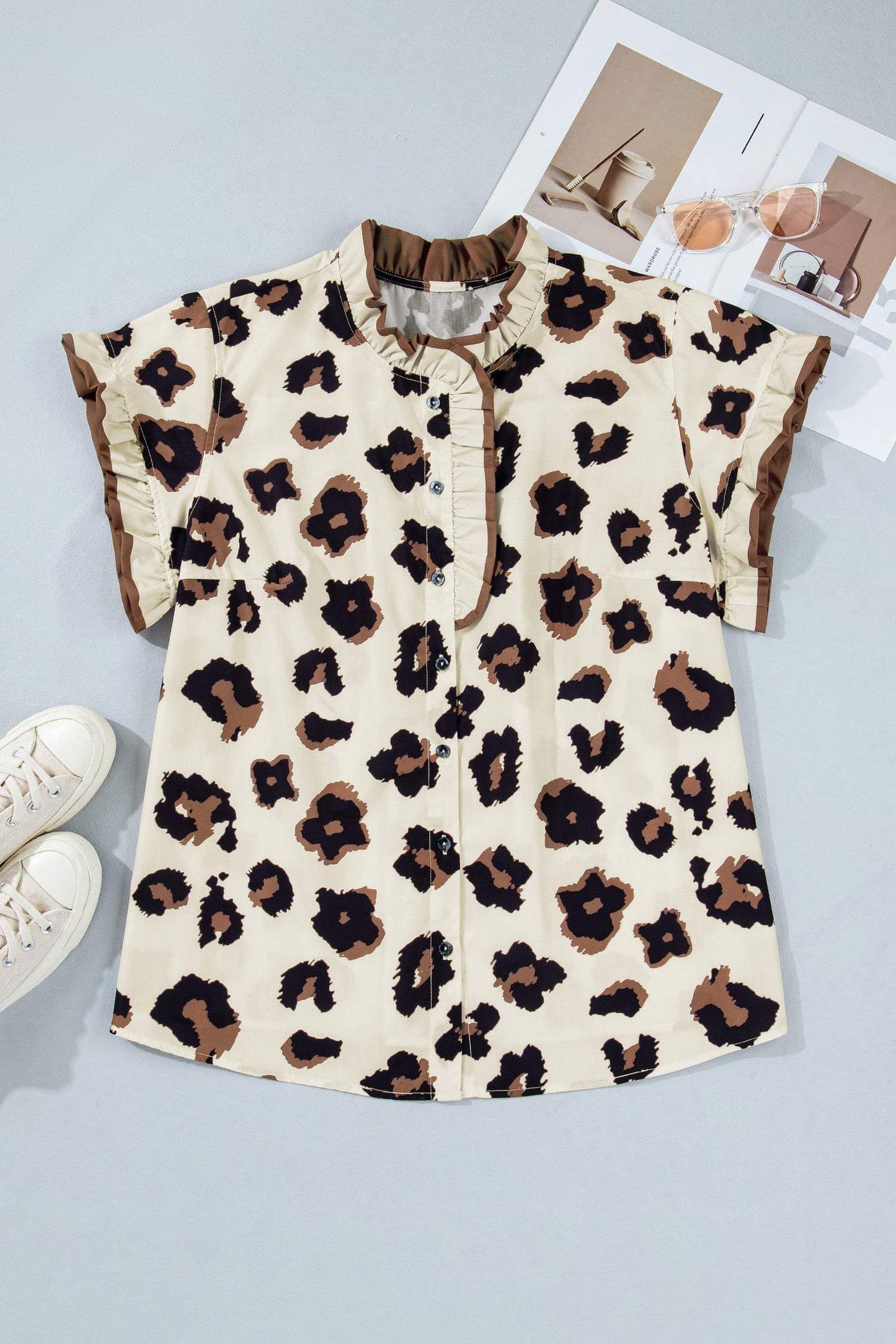 Khaki Plus Size Leopard Print Frilled Color Block Trim Button Down Short Sleeve Blouse