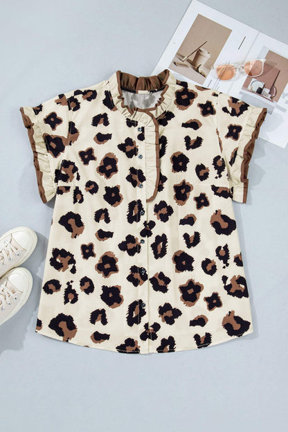 Khaki Plus Size Leopard Print Frilled Color Block Trim Button Down Short Sleeve Blouse