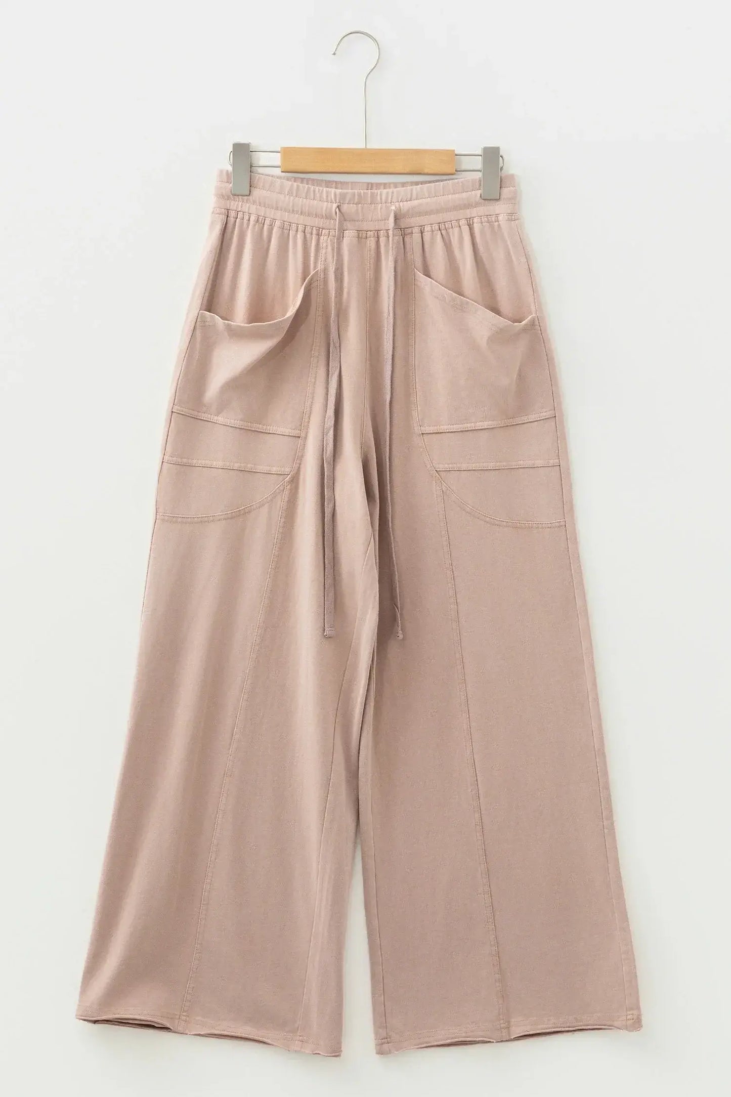 Smoke Gray Solid Color Mineral Wash Piping Trim Pocketed Wide Leg Pants - Sweet Fashion Wholesale
