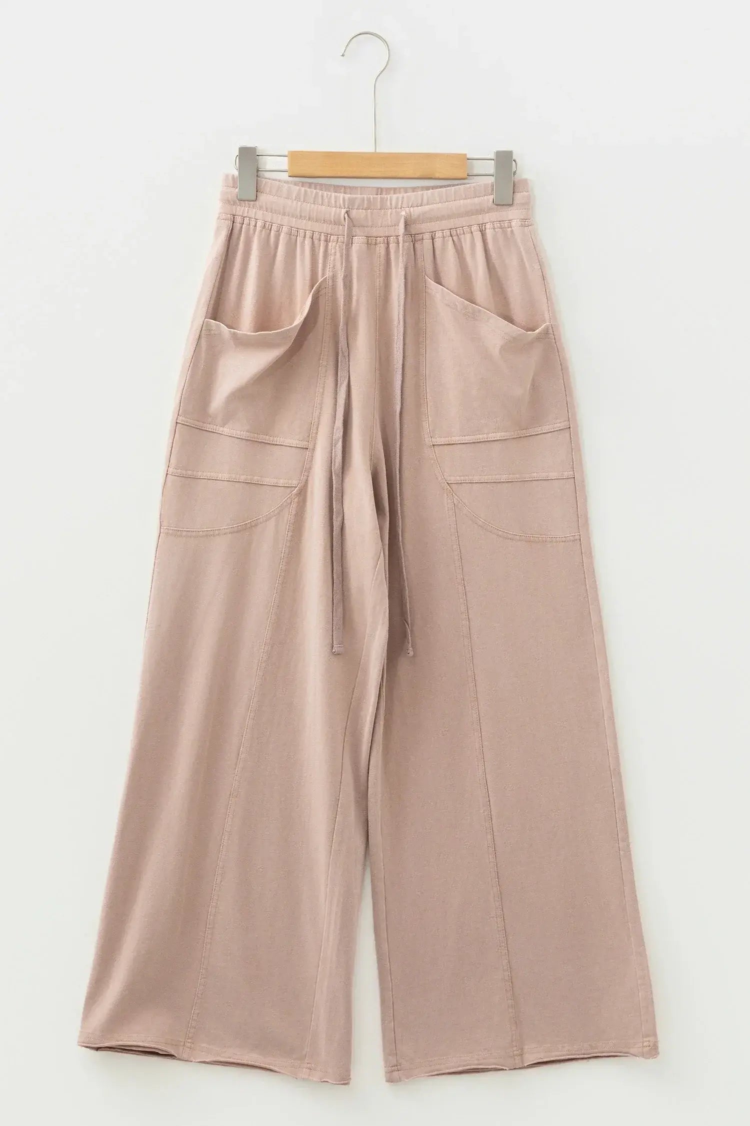 Smoke Gray Solid Color Mineral Wash Piping Trim Pocketed Wide Leg Pants - Sweet Fashion Wholesale