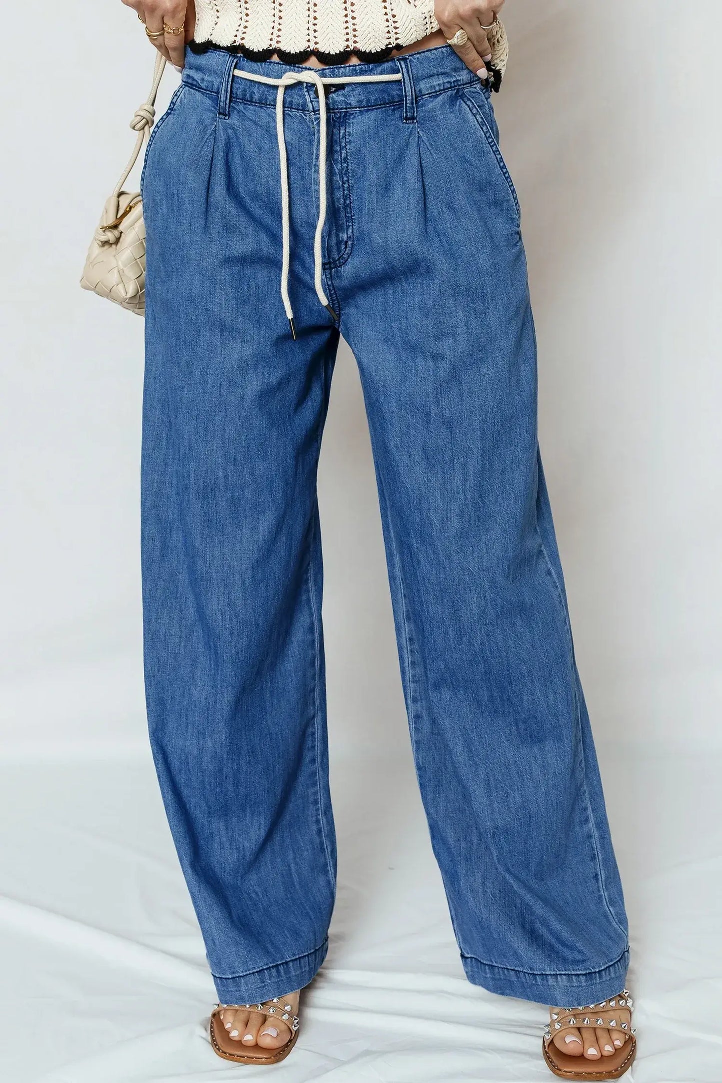 Dusk Blue Lace-up Pull on Wide Leg Jeans - Sweet Fashion Wholesale