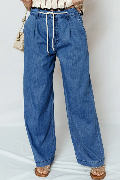 Dusk Blue Lace-up Pull on Wide Leg Jeans - Sweet Fashion Wholesale