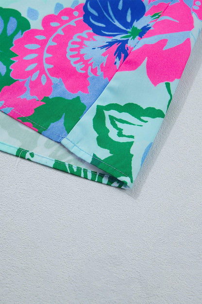 Sky Blue Floral Print V Neck Half Sleeve Blouse - Sweet Fashion Wholesale