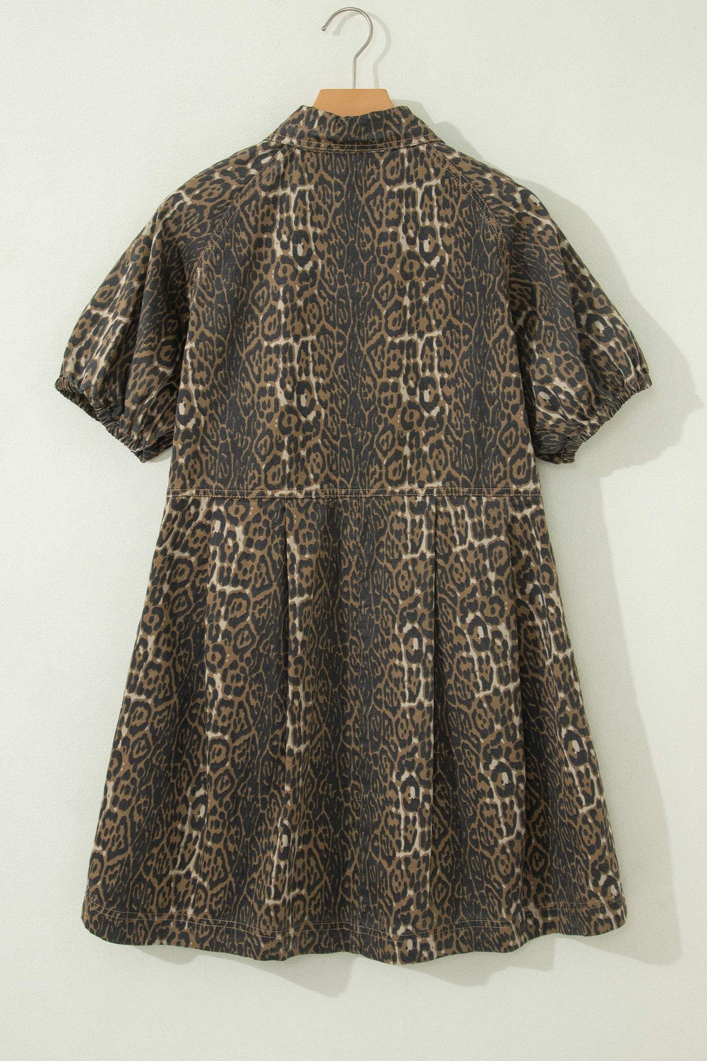 Gray Leopard Print Short Sleeve Pleated Denim Mini Dress