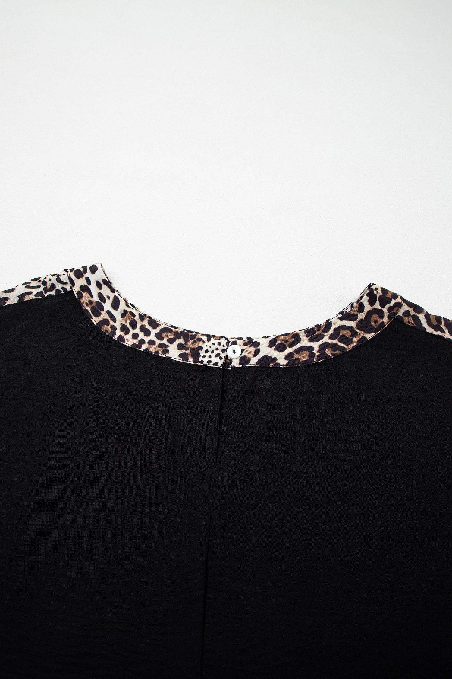 Black Plus Size Leopard Patchwork Round Neck Loose Tee - Sweet Fashion Wholesale