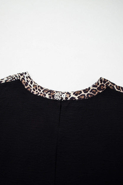 Black Plus Size Leopard Patchwork Round Neck Loose Tee - Sweet Fashion Wholesale