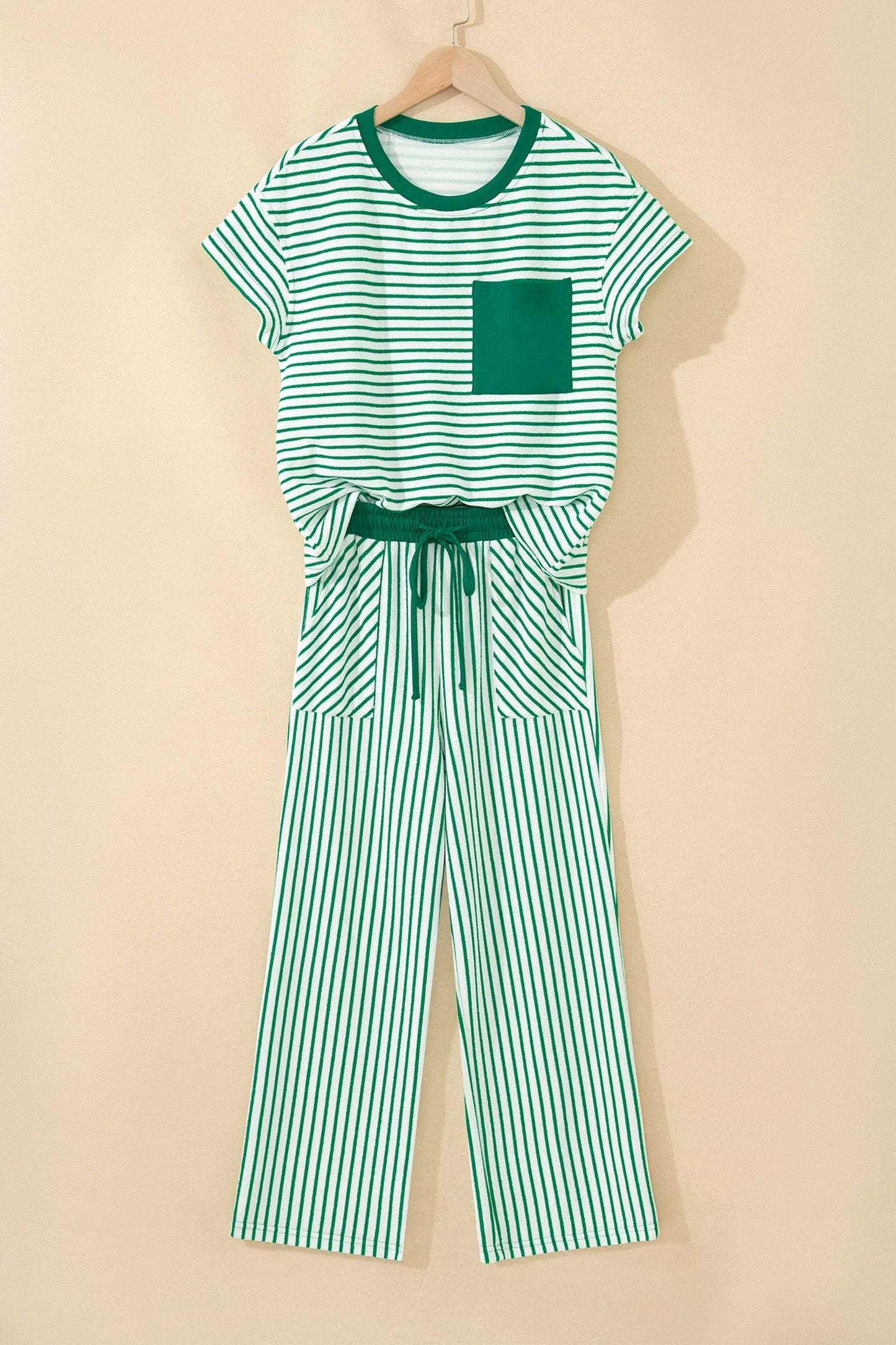 Sky Blue Stripe Crew Neck Tee Drawstring Waist Cropped Pants Set