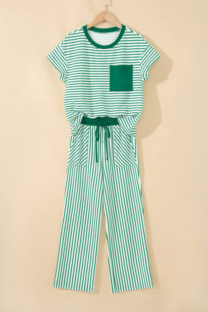 Sky Blue Stripe Crew Neck Tee Drawstring Waist Cropped Pants Set