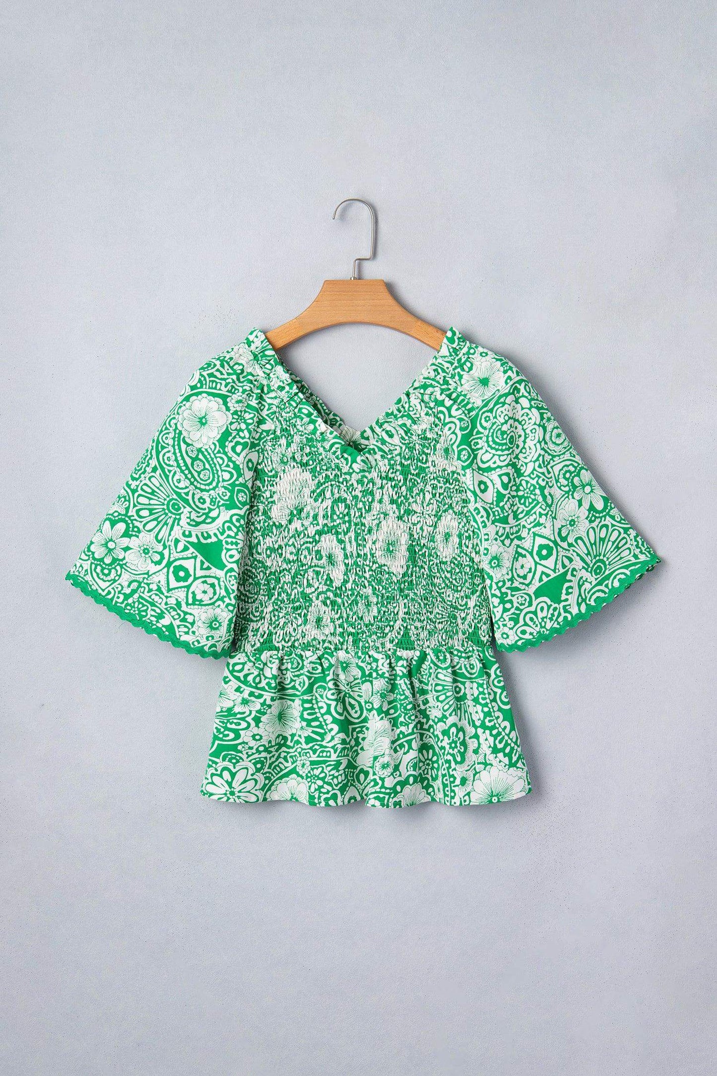 Green Flirty Floral Smocked V Neck Blouse - Sweet Fashion Wholesale