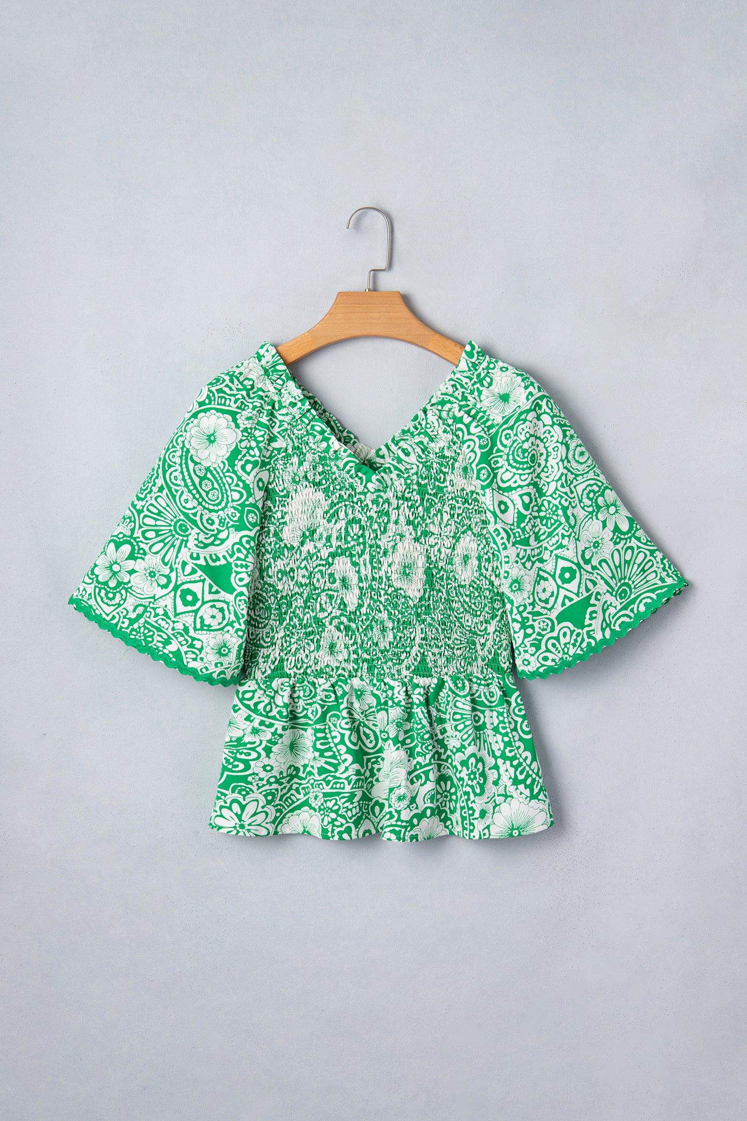 Green Flirty Floral Smocked V Neck Blouse - Sweet Fashion Wholesale