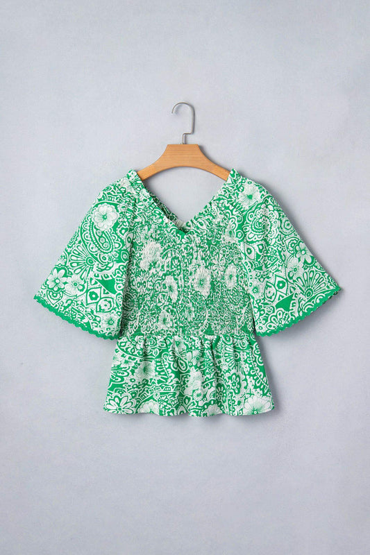 Green Flirty Floral Smocked V Neck Blouse - Sweet Fashion Wholesale