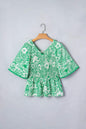 Green Flirty Floral Smocked V Neck Blouse - Sweet Fashion Wholesale