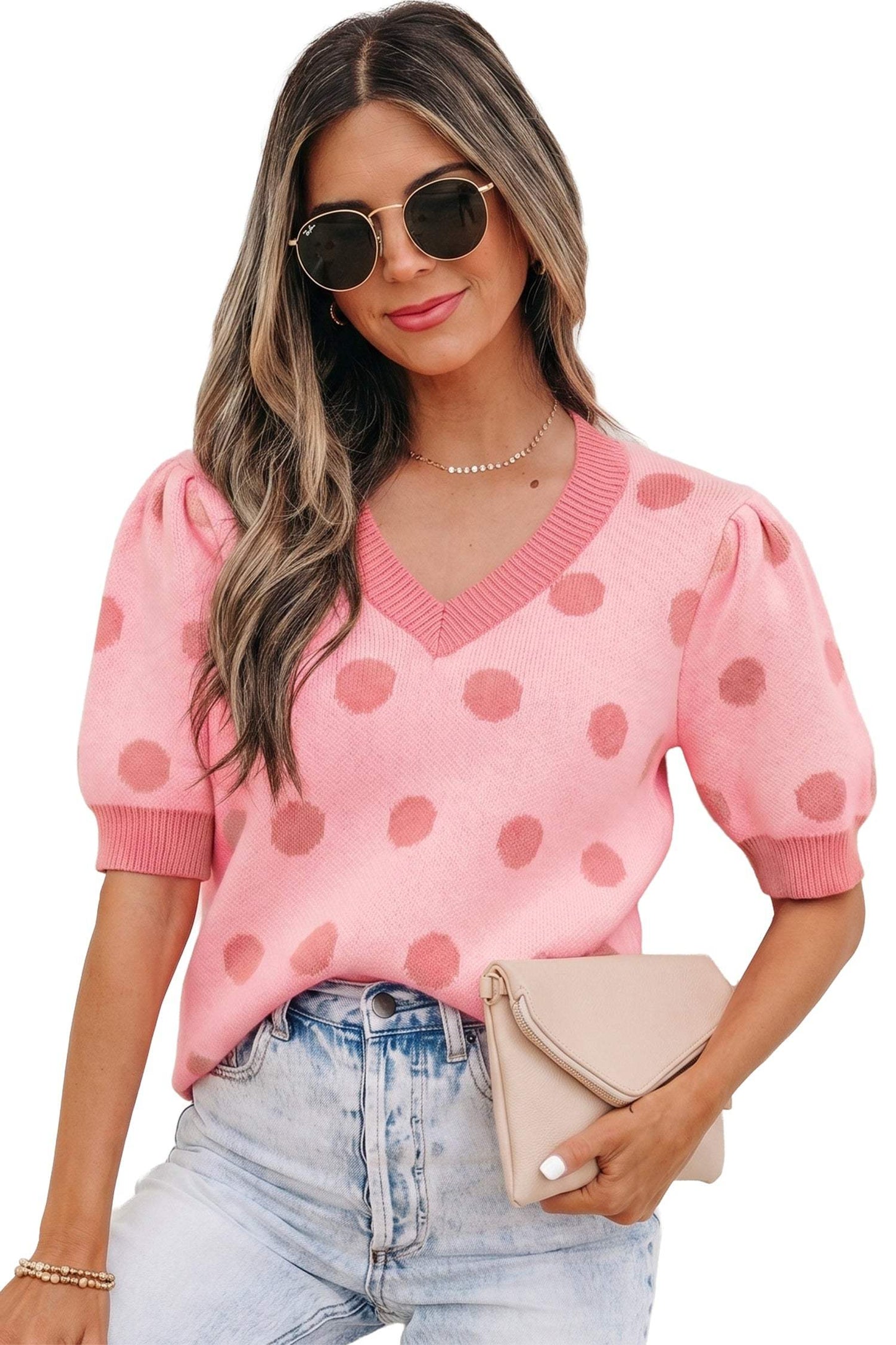Pink Polka Dot Puff Short Sleeve Sweater Top