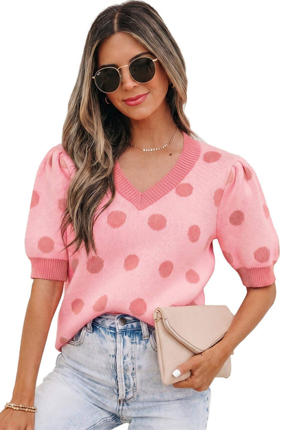 Pink Polka Dot Puff Short Sleeve Sweater Top