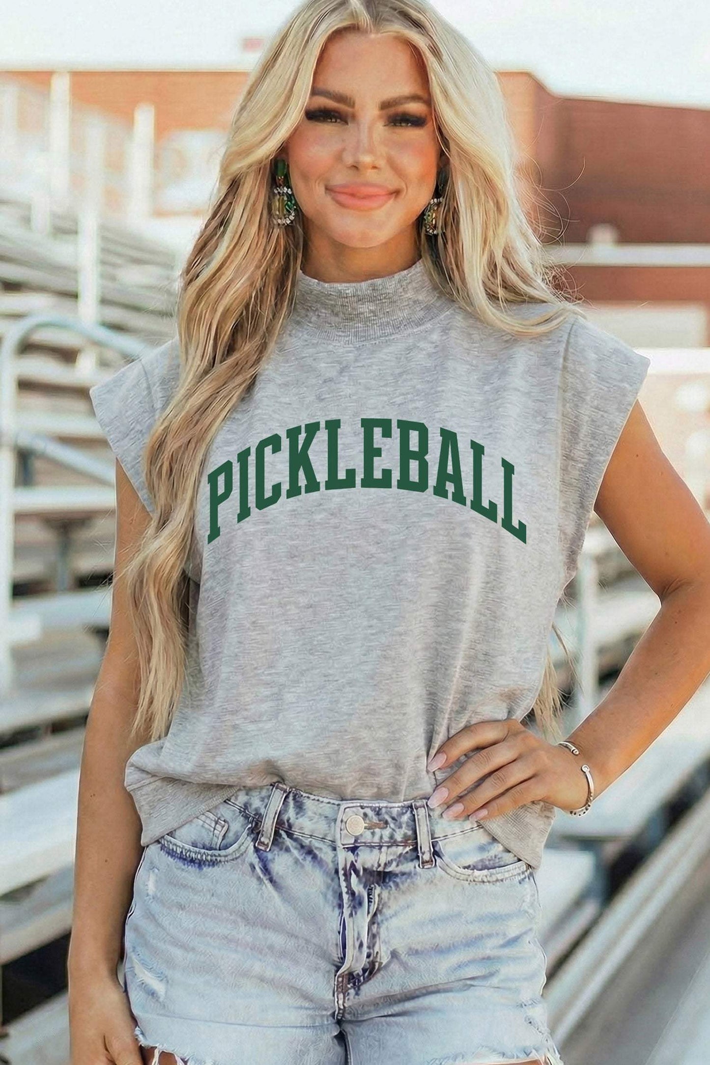 Light Grey PICKLEBALL Lettering Mock Neck Short Sleeve Top