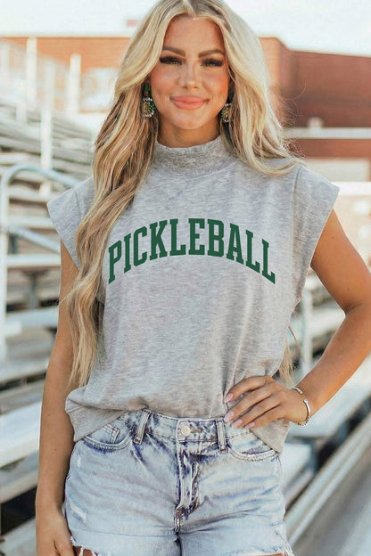 Light Grey PICKLEBALL Lettering Mock Neck Short Sleeve Top