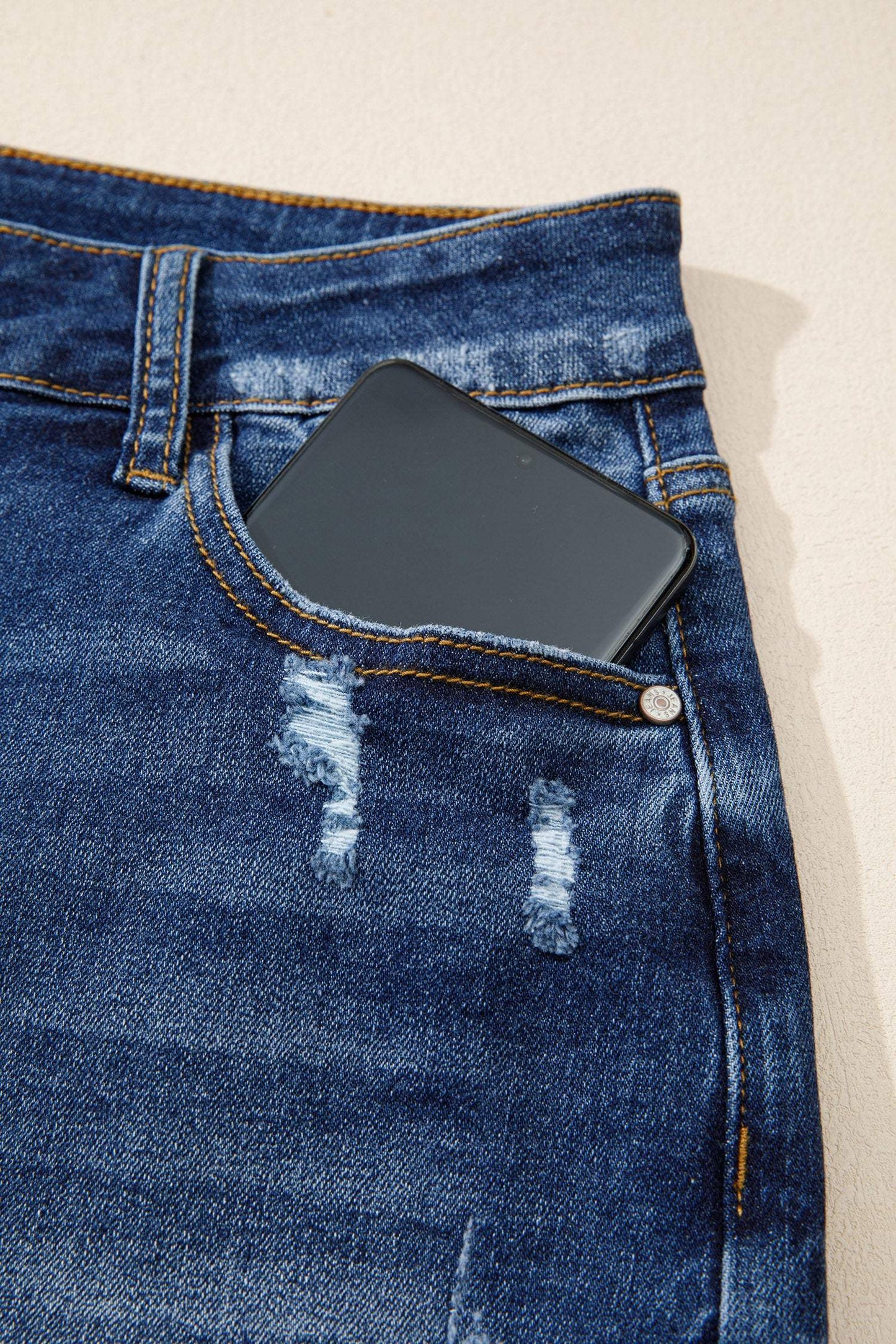Sail Blue Asymmetric Raw Hem Distressed Whiskery Denim Shorts