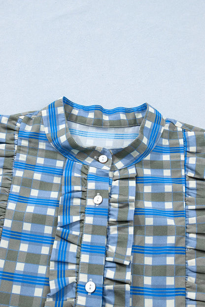 Sky Blue Plaid Long Sleeve Frilled Detail Half Button Blouse - Sweet Fashion Wholesale