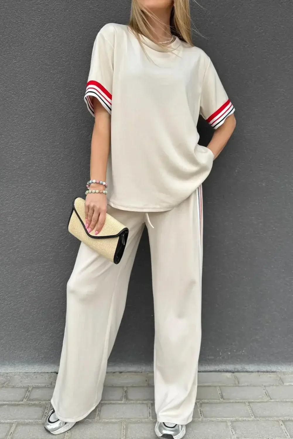 Jet Stream Contrast Striped Trim Crewneck T Shirt Loose Straight Pants Set - Sweet Fashion Wholesale