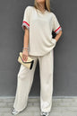 Jet Stream Contrast Striped Trim Crewneck T Shirt Loose Straight Pants Set - Sweet Fashion Wholesale
